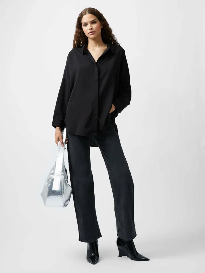 French Connection Caprina Recycled Crepe Long Sleeve Button Shirt Black Women Tops