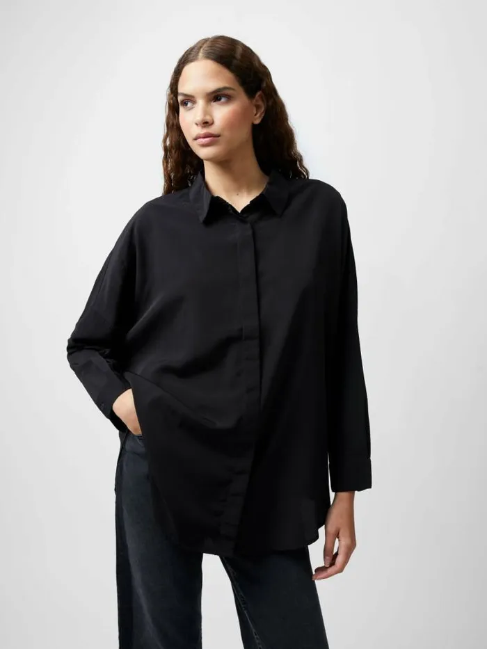 French Connection Caprina Recycled Crepe Long Sleeve Button Shirt Black Women Tops