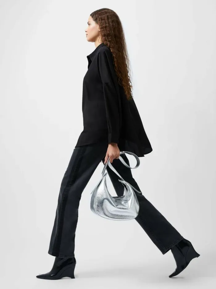 French Connection Caprina Recycled Crepe Long Sleeve Button Shirt Black Women Tops