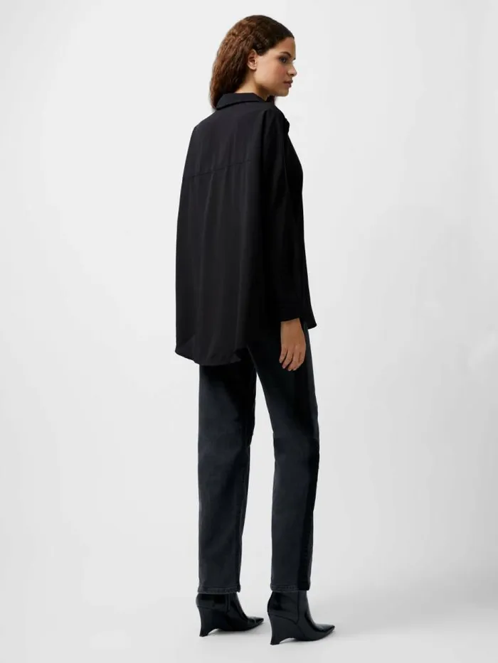 French Connection Caprina Recycled Crepe Long Sleeve Button Shirt Black Women Tops