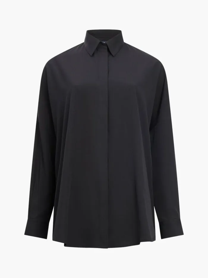 French Connection Caprina Recycled Crepe Long Sleeve Button Shirt Black Women Tops