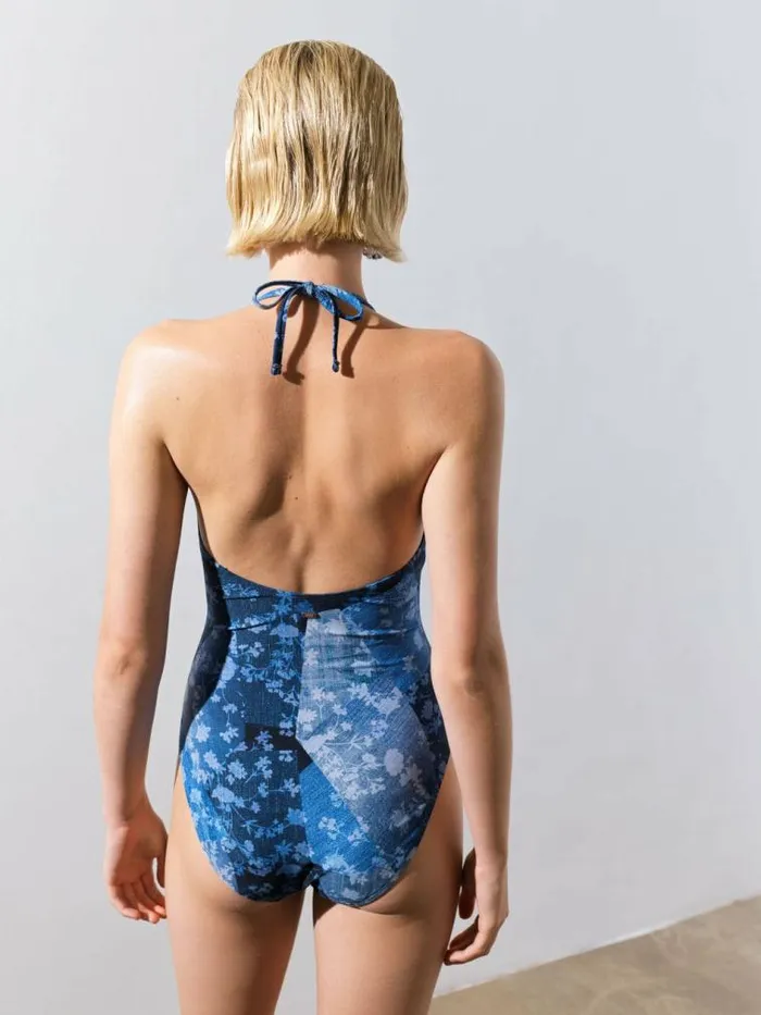 French Connection Denim Plunge Swimsuit Blue Women Swimwear