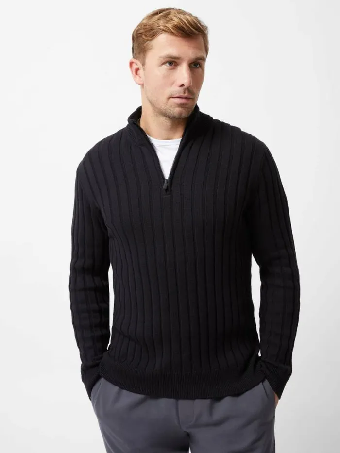 French Connection Half Zip Ribbed Knit Jumper Navy Men Knitwear