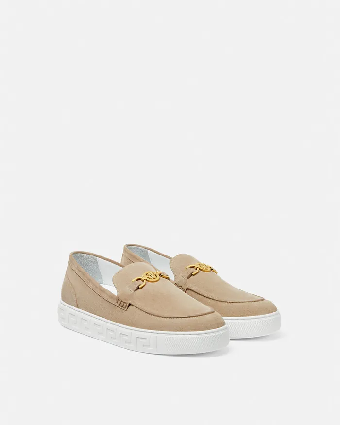 Loafers and Slippers Men Versace Medusa 03995 Suede Greca Loafers Beige