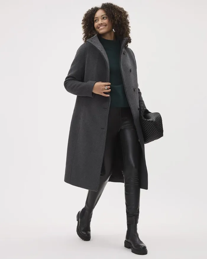 RWandCO Coats and Jackets Classic Wool Coat With Mock Neckline Charcoal Mix 8211 Women