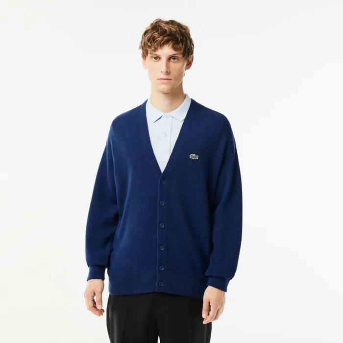 Sweaters and Sweatshirts Men Lacoste Men039s Relaxed Fit ToneonTone Buttons Wool Cardigan Methylene Blue F9f