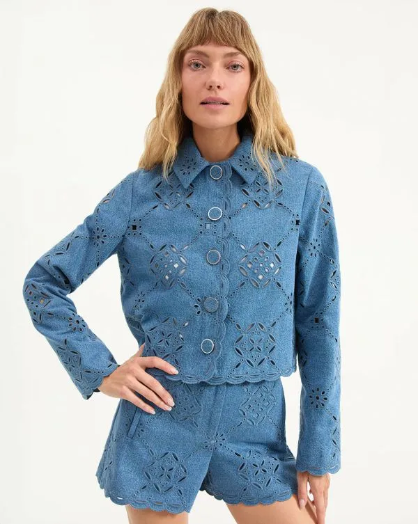 Adelaide Eyelet Jacket Sea Glare Women Veronica Beard Jackets and Outerwear