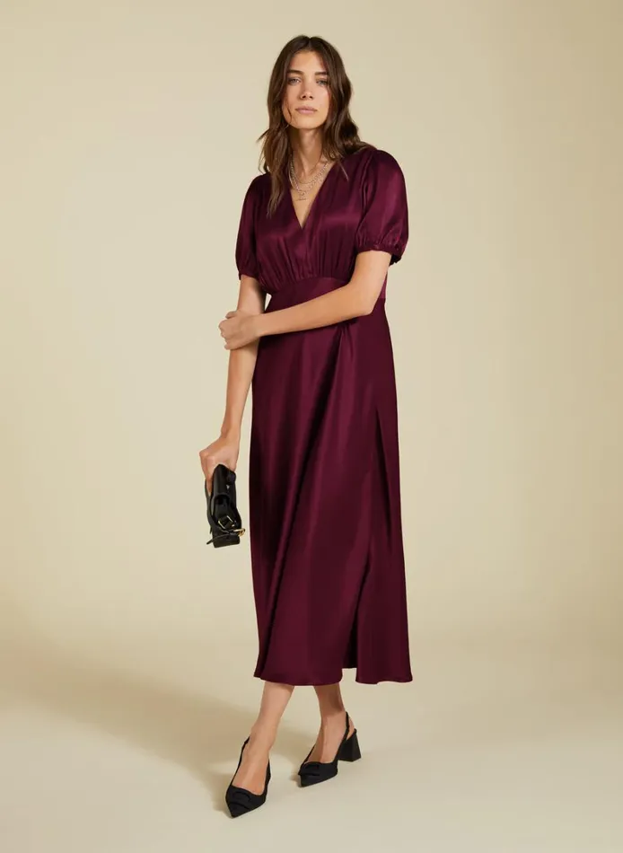 Baukjen Cathy Satin VNeck MidiDress Burgundy Clothing