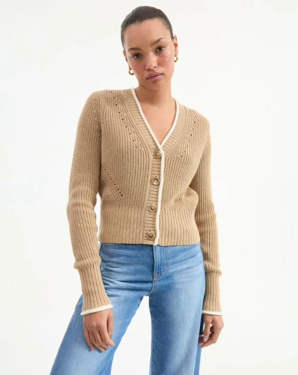 Beatrice Cotton Cardigan Stone Khaki Women Veronica Beard Sweaters