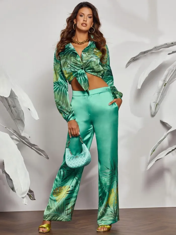 Bottoms Eco Brisilda WideLeg Pants Original Teal Monstera 8211 GUESS Women