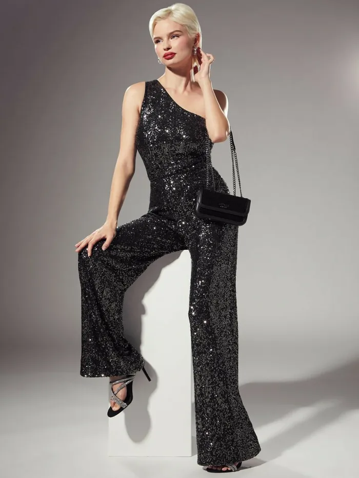 Bottoms Women Sereh WideLeg Sequin Pants Asphalt Grey Multi GUESS Bottoms Women Sereh WideLeg Sequin Pants Asphalt Grey Multi GUESS