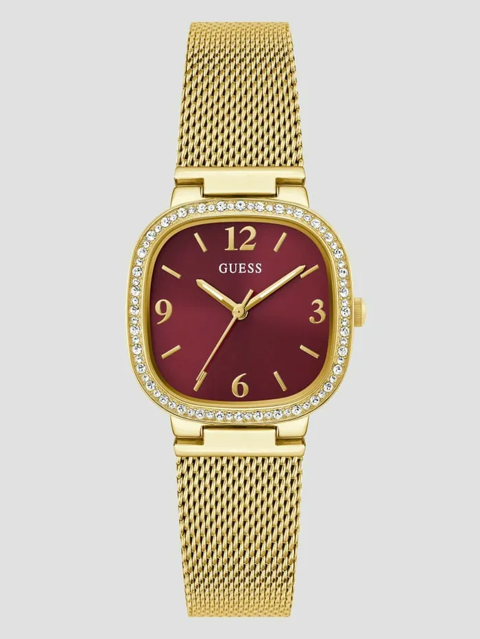 Burgundy and GoldTone Mesh Analog Watch Rose Gold Watches GUESS Women