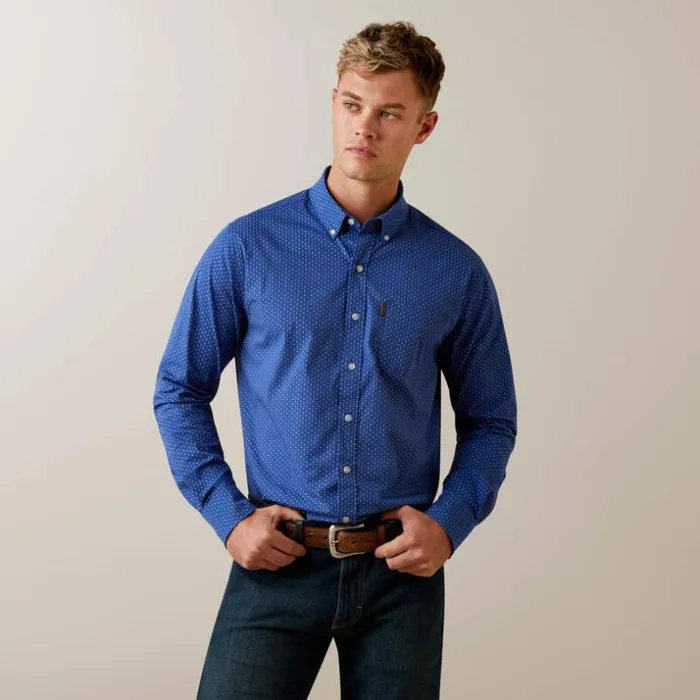 Button Down Shirts Men Ariat Ditsy Stretch Modern Fit Shirt Blue