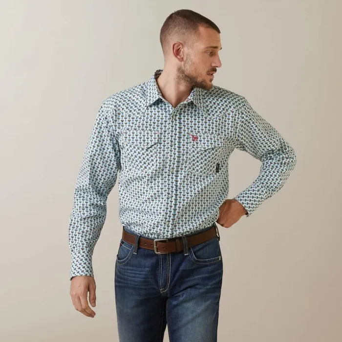 Button Down Shirts Men Ariat FR Dillinger Retro Fit Snap Work Shirt Bachelor Button Print