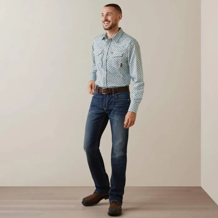 Button Down Shirts Men Ariat FR Dillinger Retro Fit Snap Work Shirt Bachelor Button Print Button Down Shirts Men Ariat FR Dillinger Retro Fit Snap Work Shirt Bachelor Button Print