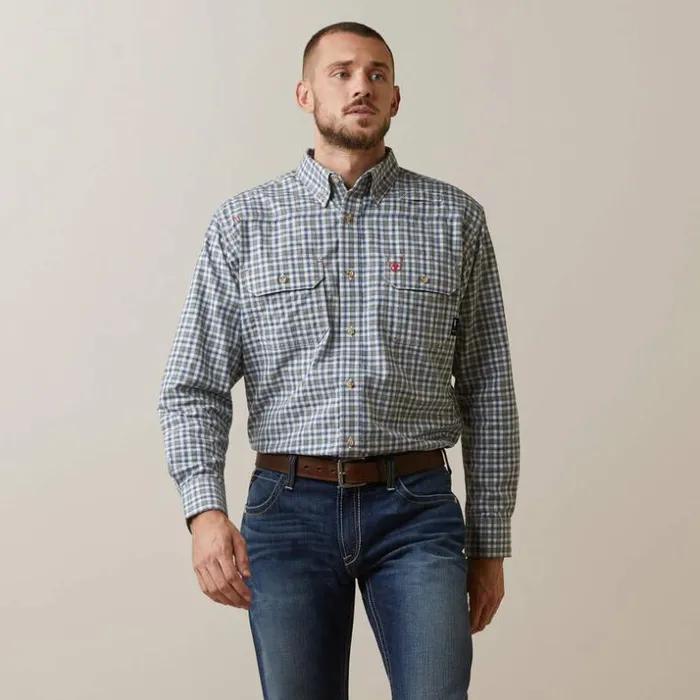 Button Down Shirts Men Ariat FR Plaid Featherlight Work Shirt Clear Sky Plaid Button Down Shirts Men Ariat FR Plaid Featherlight Work Shirt Clear Sky Plaid