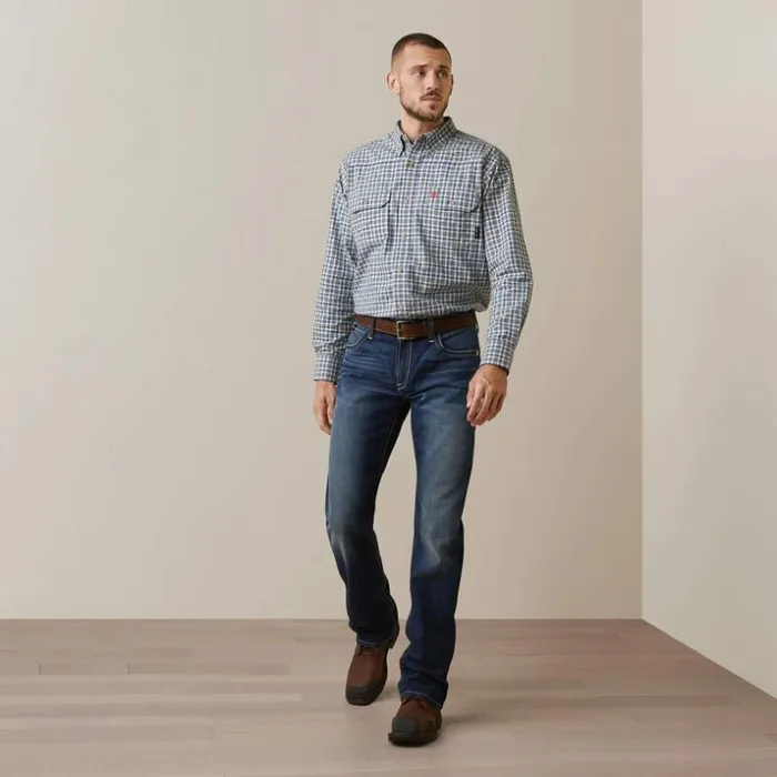 Button Down Shirts Men Ariat FR Plaid Featherlight Work Shirt Clear Sky Plaid Button Down Shirts Men Ariat FR Plaid Featherlight Work Shirt Clear Sky Plaid