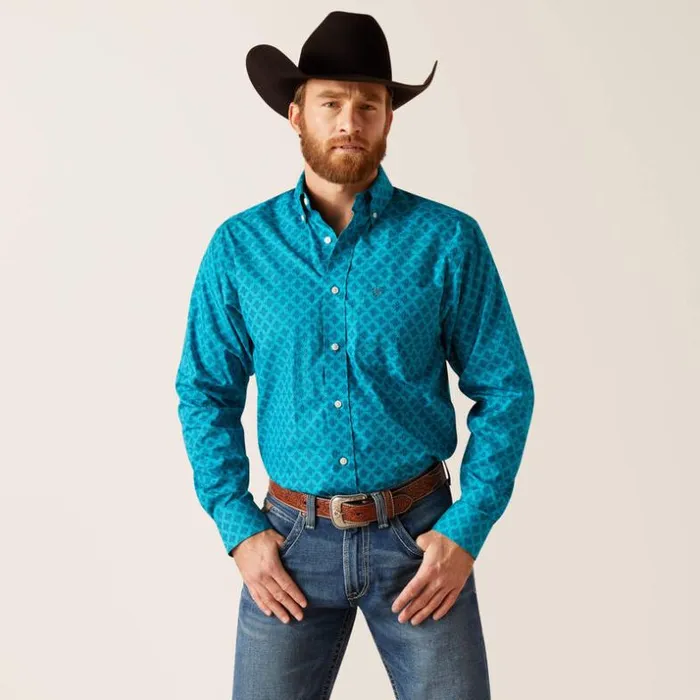 Button Down Shirts Men Ariat Wrinkle Free Gael Fitted Shirt Enamel Blue