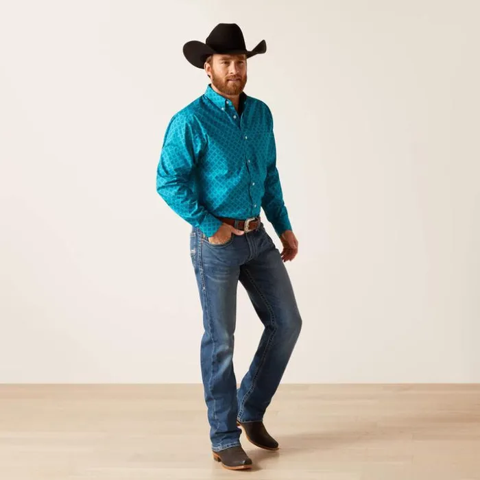 Button Down Shirts Men Ariat Wrinkle Free Gael Fitted Shirt Enamel Blue