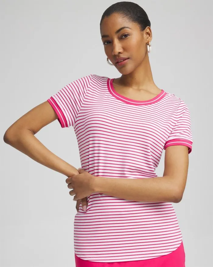 Chico039s Activewear Zenergy UPF Knit Stripe Tee Pink Bromeliad 8211 Clothing