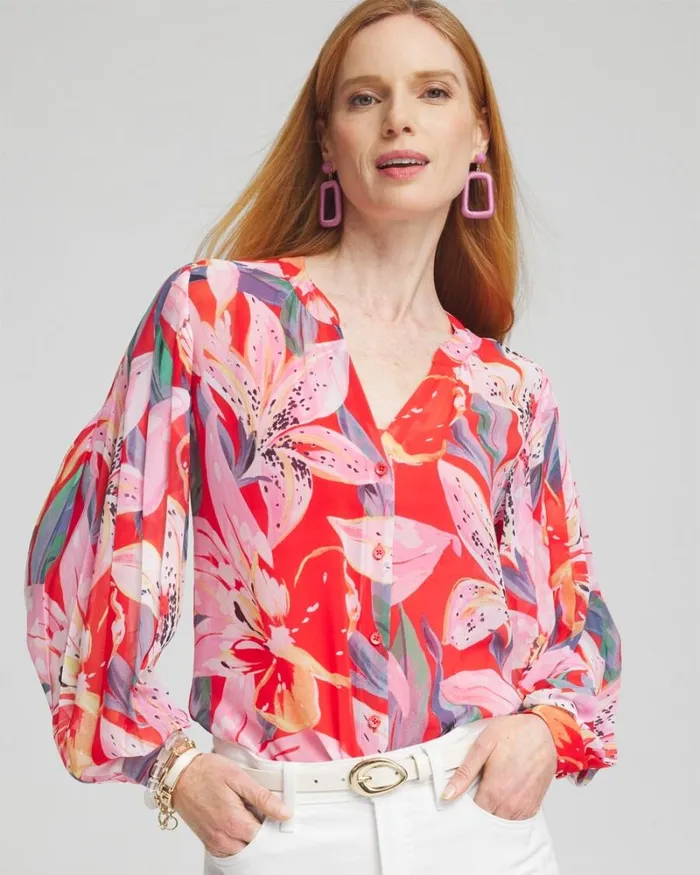 Chico039s Blouses and Shirts Floral Pleated Sleeve Blouse Watermelon Punch 8211 Clothing