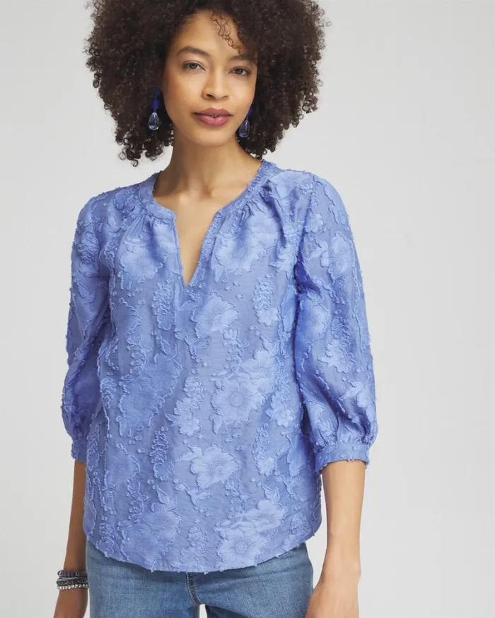 Chico039s Blouses and Shirts Jacquard Peasant Top Granada Sky 8211 Clothing