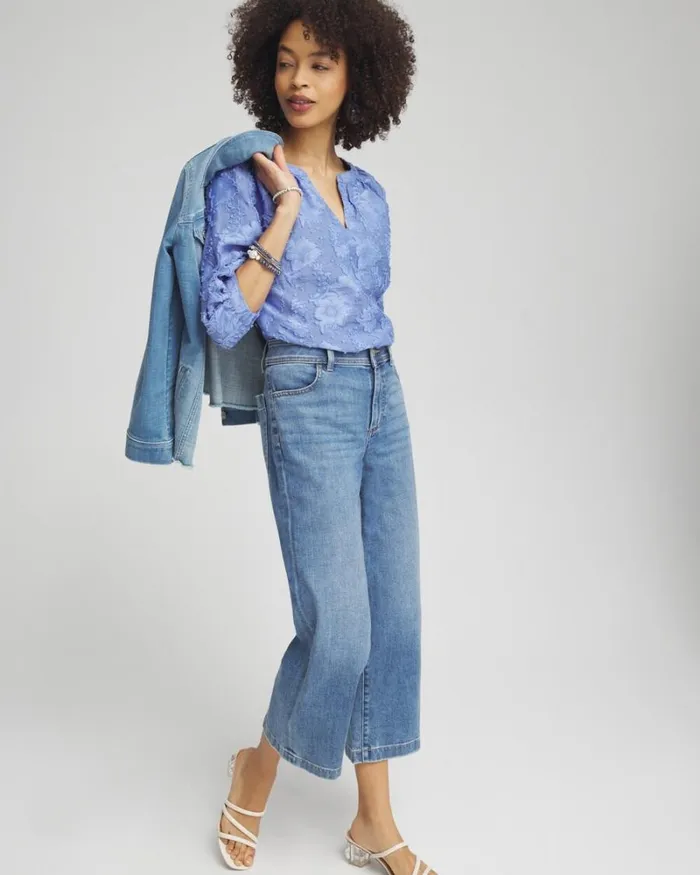 Chico039s Blouses and Shirts Jacquard Peasant Top Granada Sky 8211 Clothing