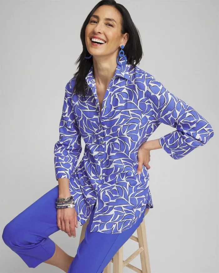 Chico039s Blouses and Shirts No Ironand8482 Linen Abstract 34 Sleeve Shirt Purple Nightshade 8211 Clothing