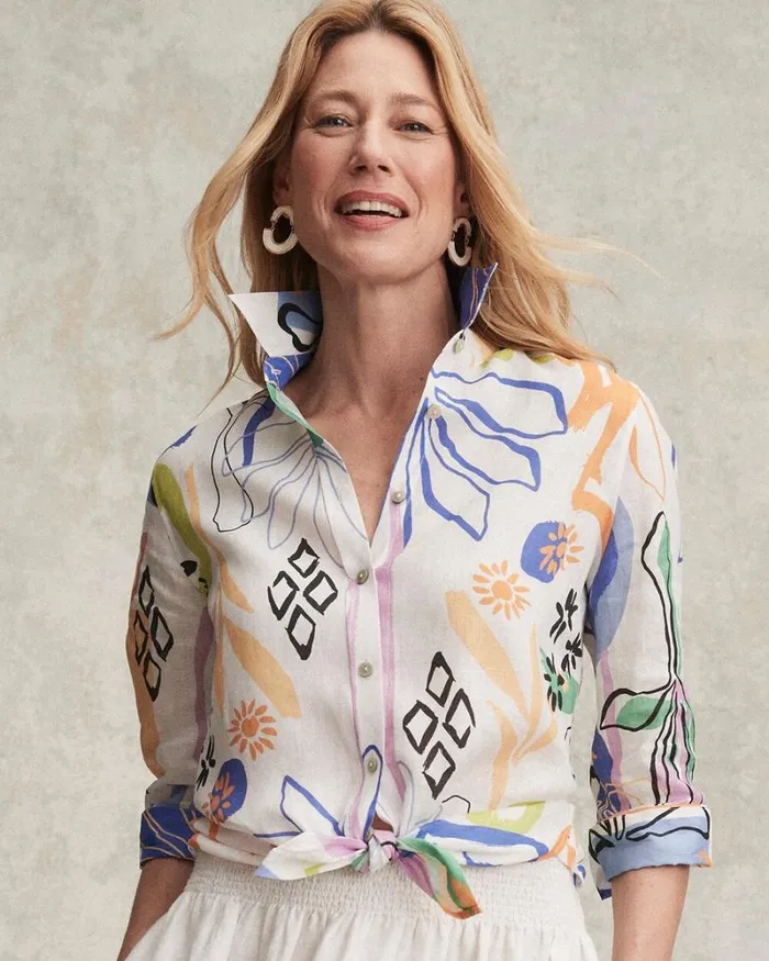 Chico039s Blouses and Shirts No Ironand8482 Linen Surreal 34 Sleeve Shirt Dynasty Yellow 8211 Clothing
