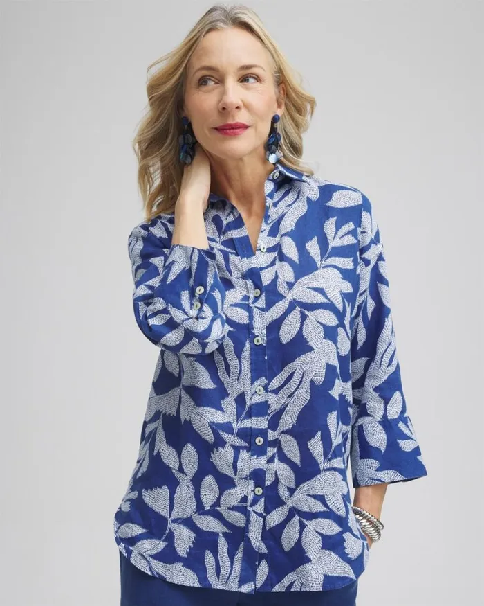 Chico039s Blouses and Shirts No Iron Linen Leaf 34 Sleeve Shirt Evening Eclipse 8211 Clothing Chico039s Blouses and Shirts No Iron Linen Leaf 34 Sleeve Shirt Evening Eclipse 8211 Clothing