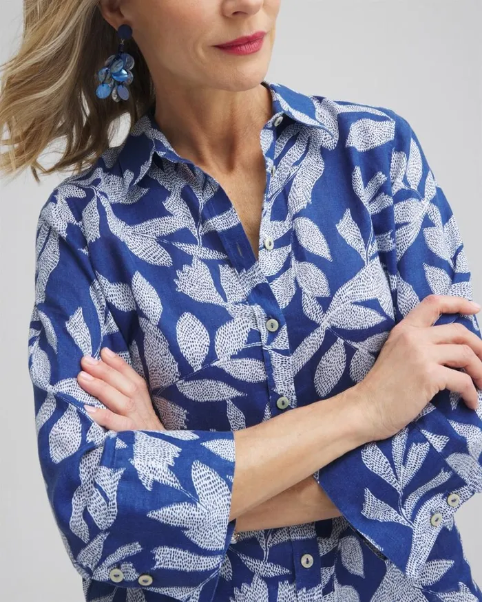 Chico039s Blouses and Shirts No Iron Linen Leaf 34 Sleeve Shirt Evening Eclipse 8211 Clothing Chico039s Blouses and Shirts No Iron Linen Leaf 34 Sleeve Shirt Evening Eclipse 8211 Clothing