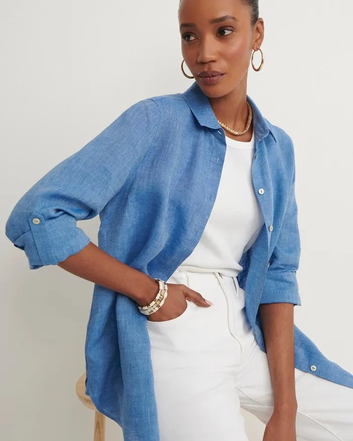 Chico039s Blouses and Shirts No Iron Linen Tunic Indigo 8211 Clothing