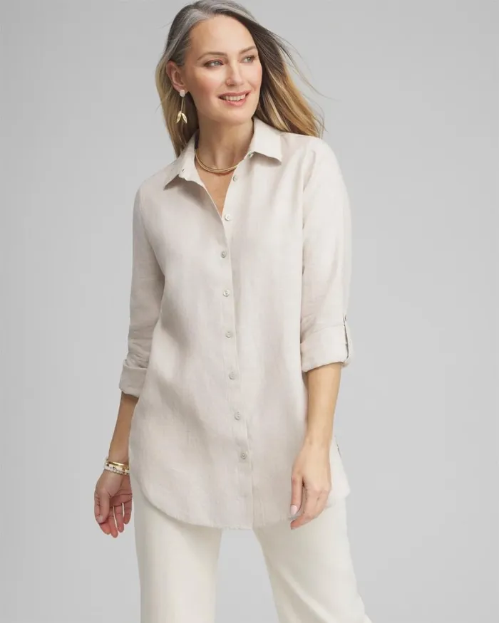 Chico039s Blouses and Shirts No Iron Linen Tunic Indigo 8211 Clothing