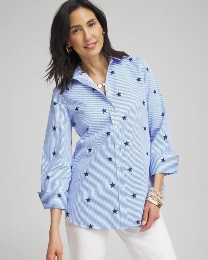 Chico039s Blouses and Shirts No Iron Stretch Stars and Stripes Shirt Medieval Blue 8211 Clothing Chico039s Blouses and Shirts No Iron Stretch Stars and Stripes Shirt Medieval Blue 8211 Clothing