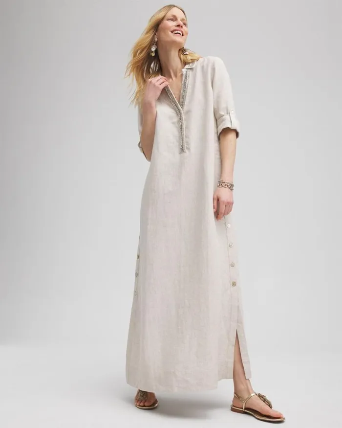 Chico039s Dresses Linen Embellished Maxi Shirt Dress Oatmeal 8211 Clothing
