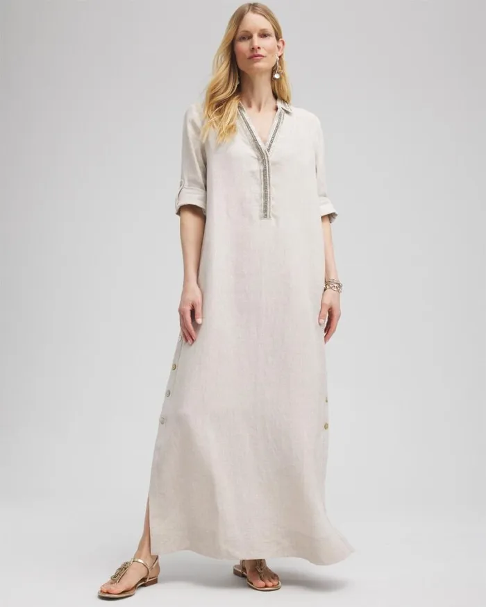 Chico039s Dresses Linen Embellished Maxi Shirt Dress Oatmeal 8211 Clothing