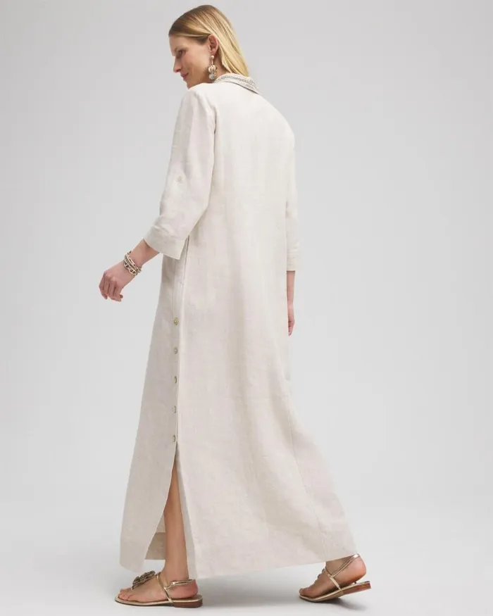 Chico039s Dresses Linen Embellished Maxi Shirt Dress Oatmeal 8211 Clothing