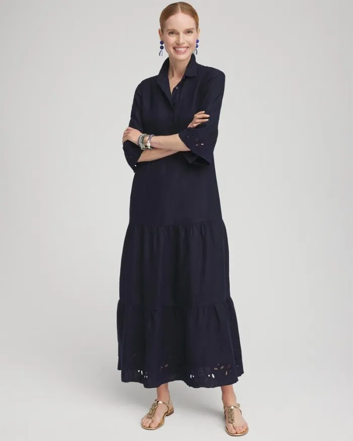 Chico039s Dresses Linen Embroidered Sundress Classic Navy 8211 Clothing