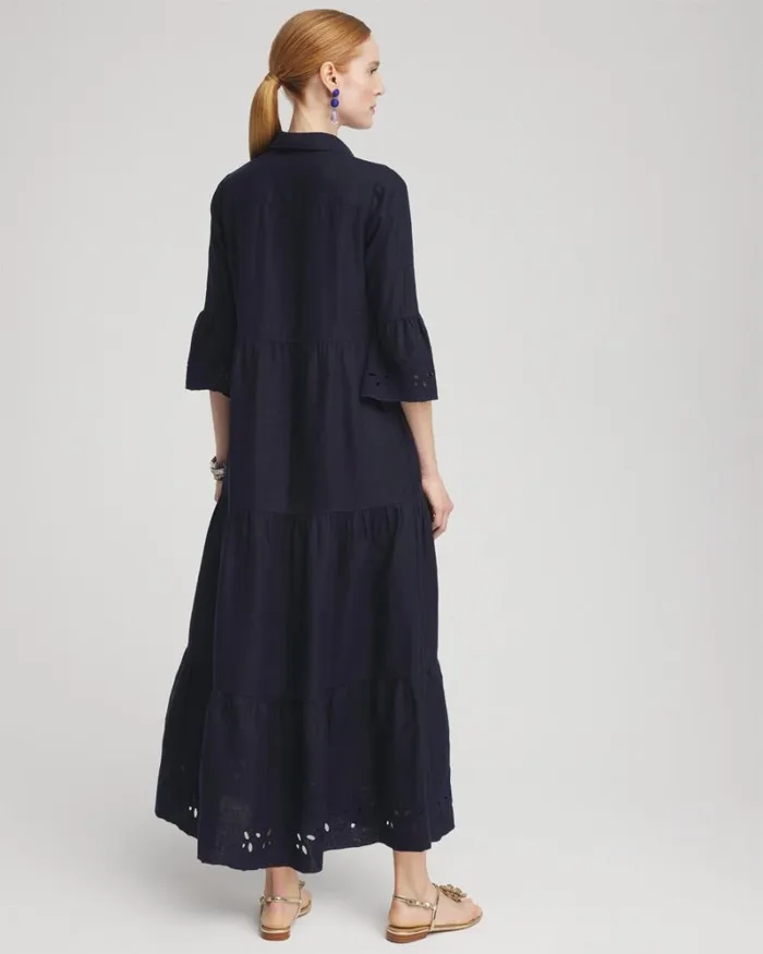 Chico039s Dresses Linen Embroidered Sundress Classic Navy 8211 Clothing