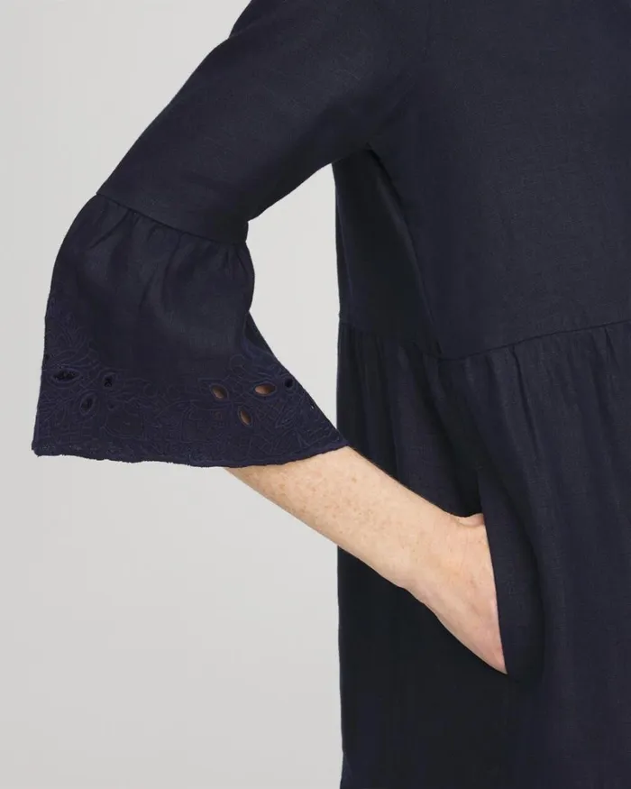 Chico039s Dresses Linen Embroidered Sundress Classic Navy 8211 Clothing