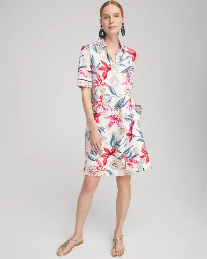 Chico039s Dresses Linen Floral Popover Shirt Dress Alabaster 8211 Clothing