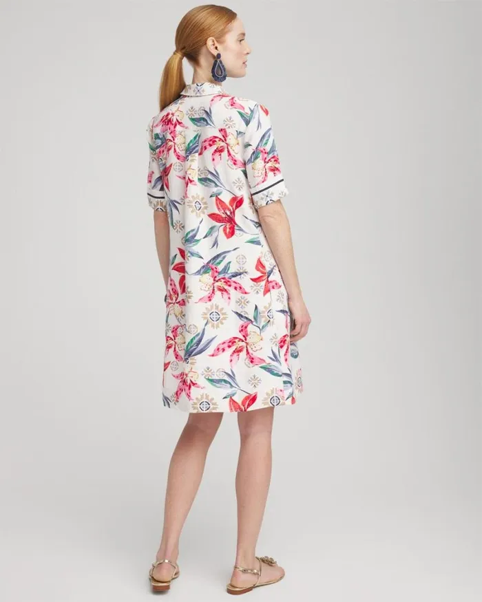 Chico039s Dresses Linen Floral Popover Shirt Dress Alabaster 8211 Clothing