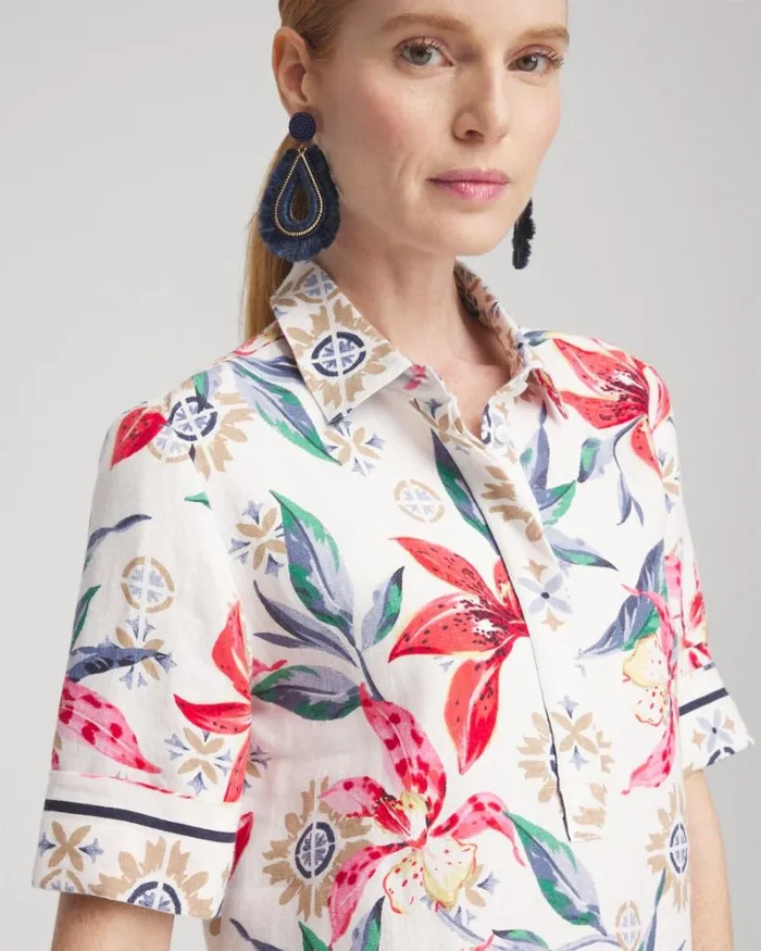 Chico039s Dresses Linen Floral Popover Shirt Dress Alabaster 8211 Clothing