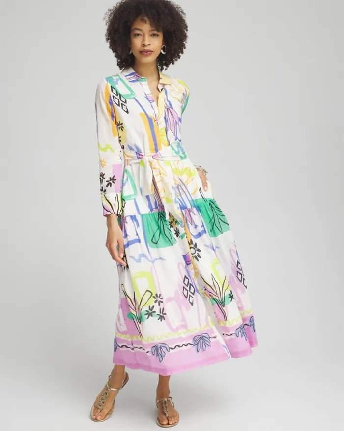 Chico039s Dresses Silk Blend Modern Print Shirt Dress Ecru 8211 Clothing