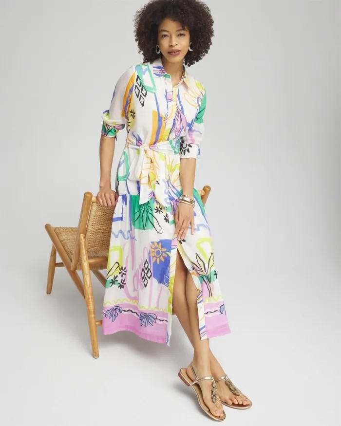 Chico039s Dresses Silk Blend Modern Print Shirt Dress Ecru 8211 Clothing