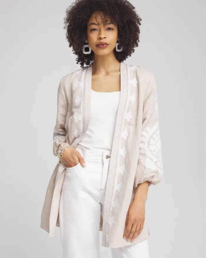 Chico039s Jackets and Coats Embroidered Linen Blend Topper Smokey Taupe 8211 Clothing Chico039s Jackets and Coats Embroidered Linen Blend Topper Smokey Taupe 8211 Clothing