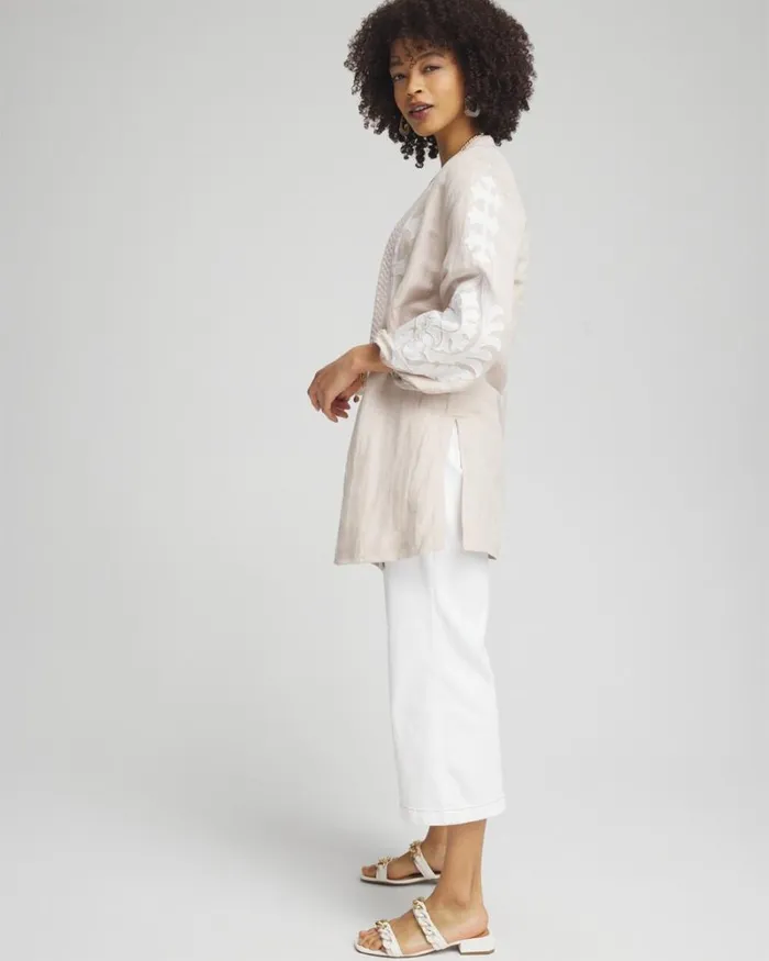 Chico039s Jackets and Coats Embroidered Linen Blend Topper Smokey Taupe 8211 Clothing