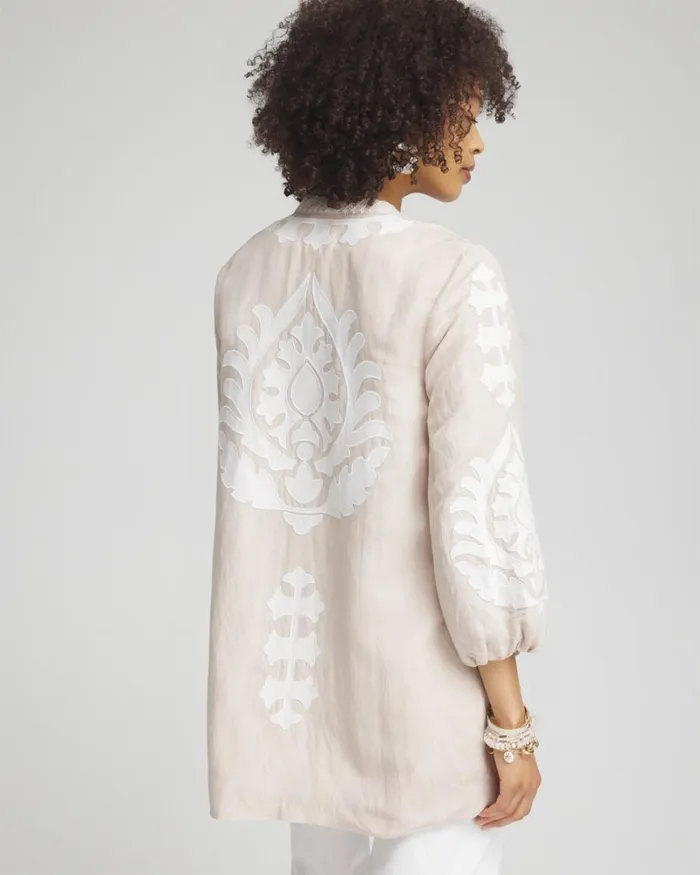 Chico039s Jackets and Coats Embroidered Linen Blend Topper Smokey Taupe 8211 Clothing
