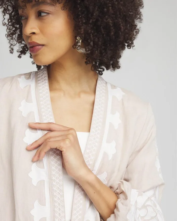 Chico039s Jackets and Coats Embroidered Linen Blend Topper Smokey Taupe 8211 Clothing