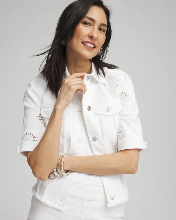 Chico039s Jackets and Coats Short Sleeve Eyelet Denim Jacket Alabaster 8211 Clothing Chico039s Jackets and Coats Short Sleeve Eyelet Denim Jacket Alabaster 8211 Clothing
